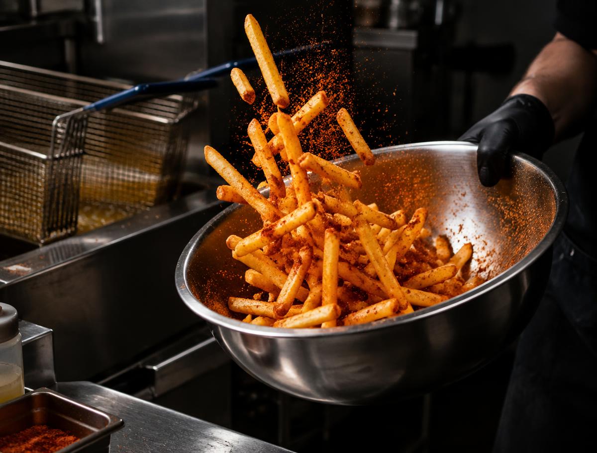Fresh fries tossed with seasoning in a steel bowl beside the fryer